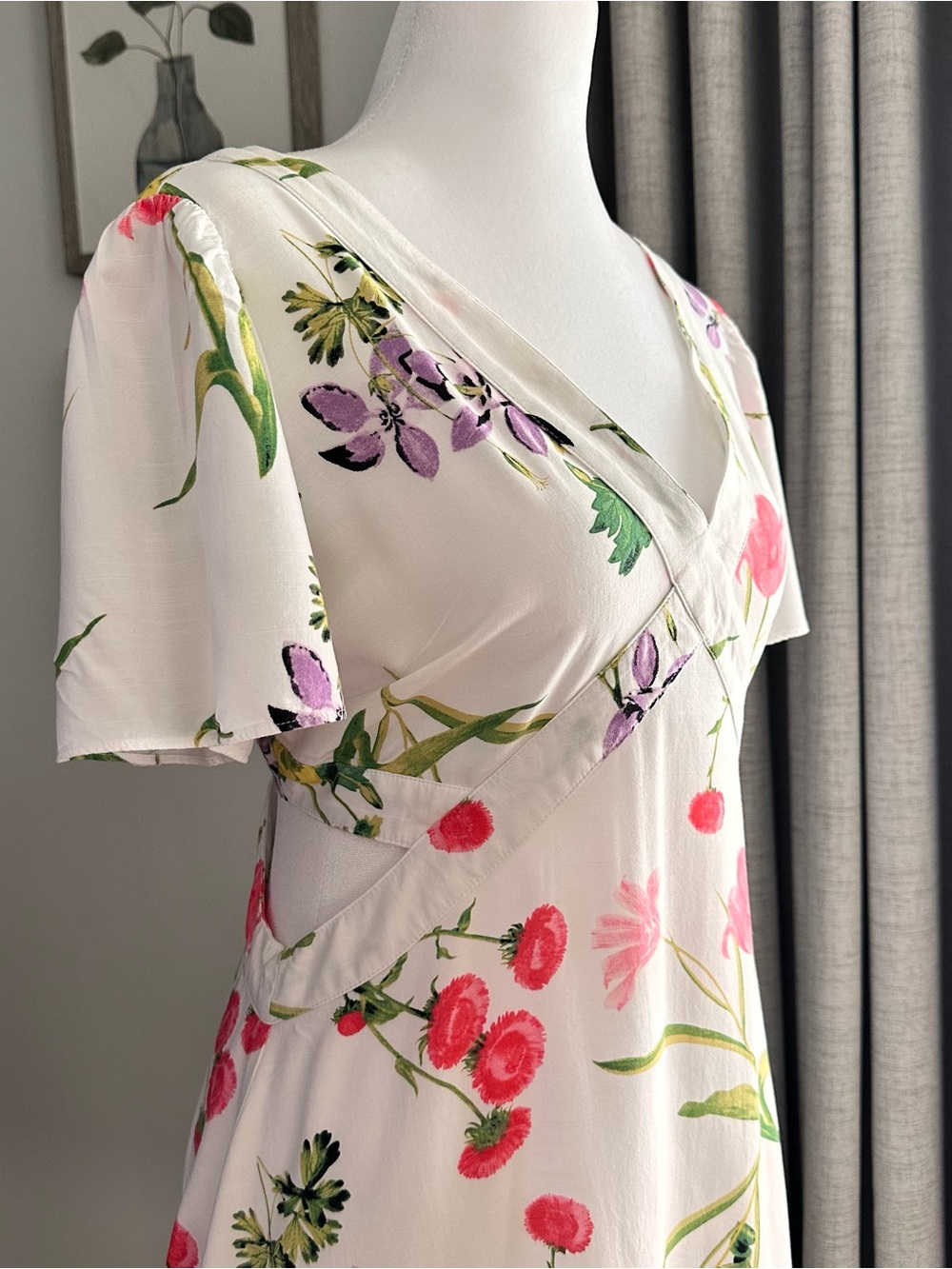 LOFT White Floral Wrap-Style Mini Dress with Pink & Green Print - Picture 3 of 8